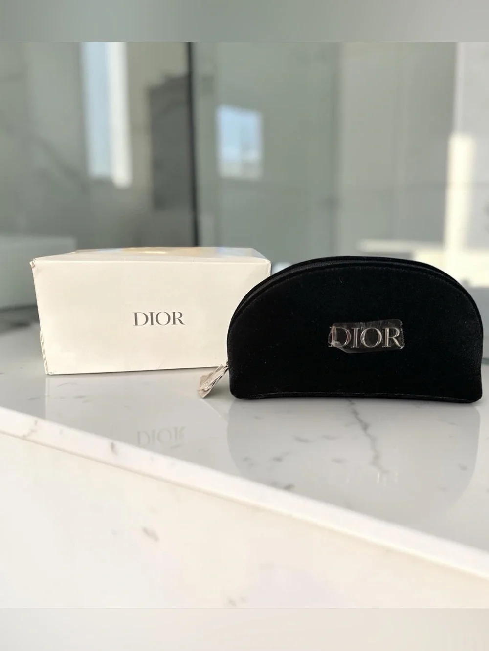 Dior Black Velvet Cosmetic Case with Silver Logo Plaque NIB